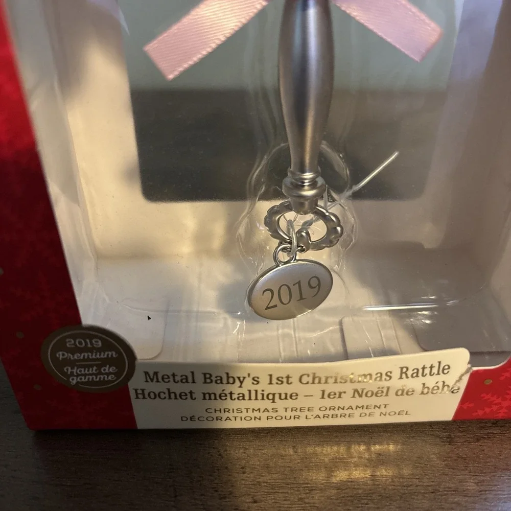 Hallmark Baby's First 1st Christmas 2019 Rattle Ornament Premium Metal Pink Girl
